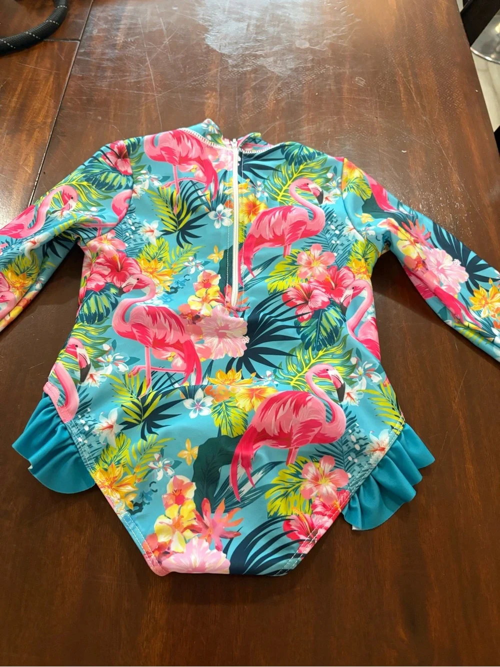 Girls' Long Sleeve Flamingo Tropical One-Piece Swimsuit - Pink & Blue